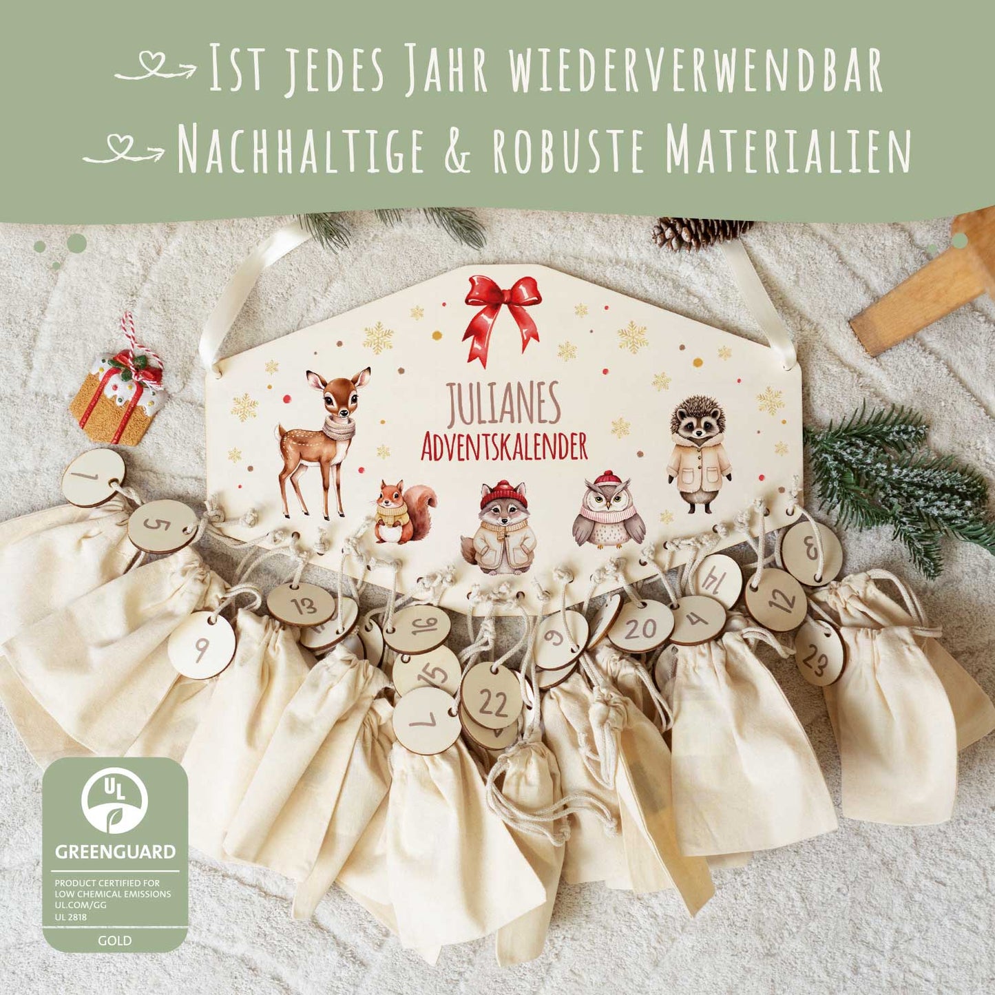 Personalisierter Holz-Adventskalender „Waldtiere“ – mit Name