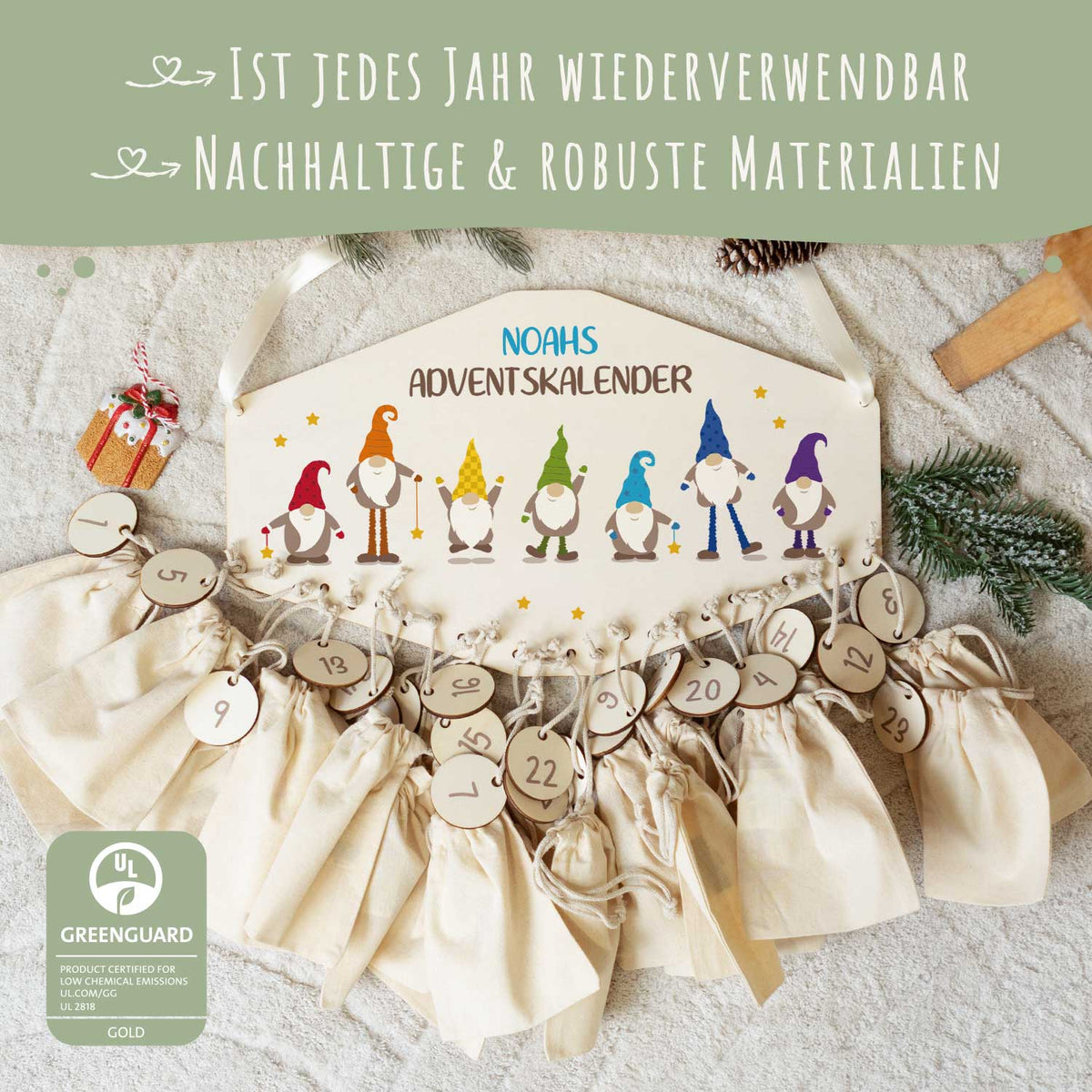 Gepersonaliseerde houten adventskalender „Kerstelf“ – met naam