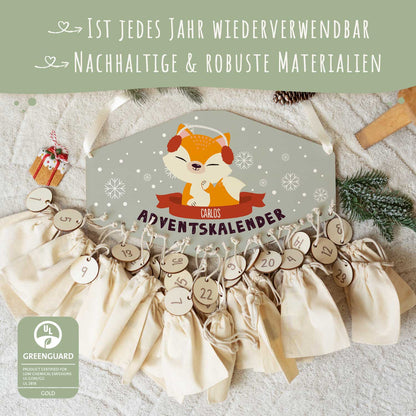 Gepersonaliseerde houten adventskalender „Winterdieren“ – met naam