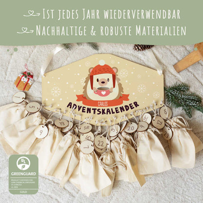 Gepersonaliseerde houten adventskalender „Winterdieren“ – met naam