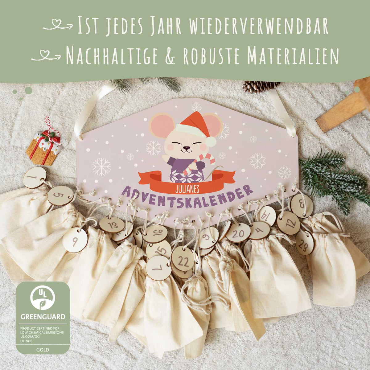 Gepersonaliseerde houten adventskalender „Winterdieren“ – met naam