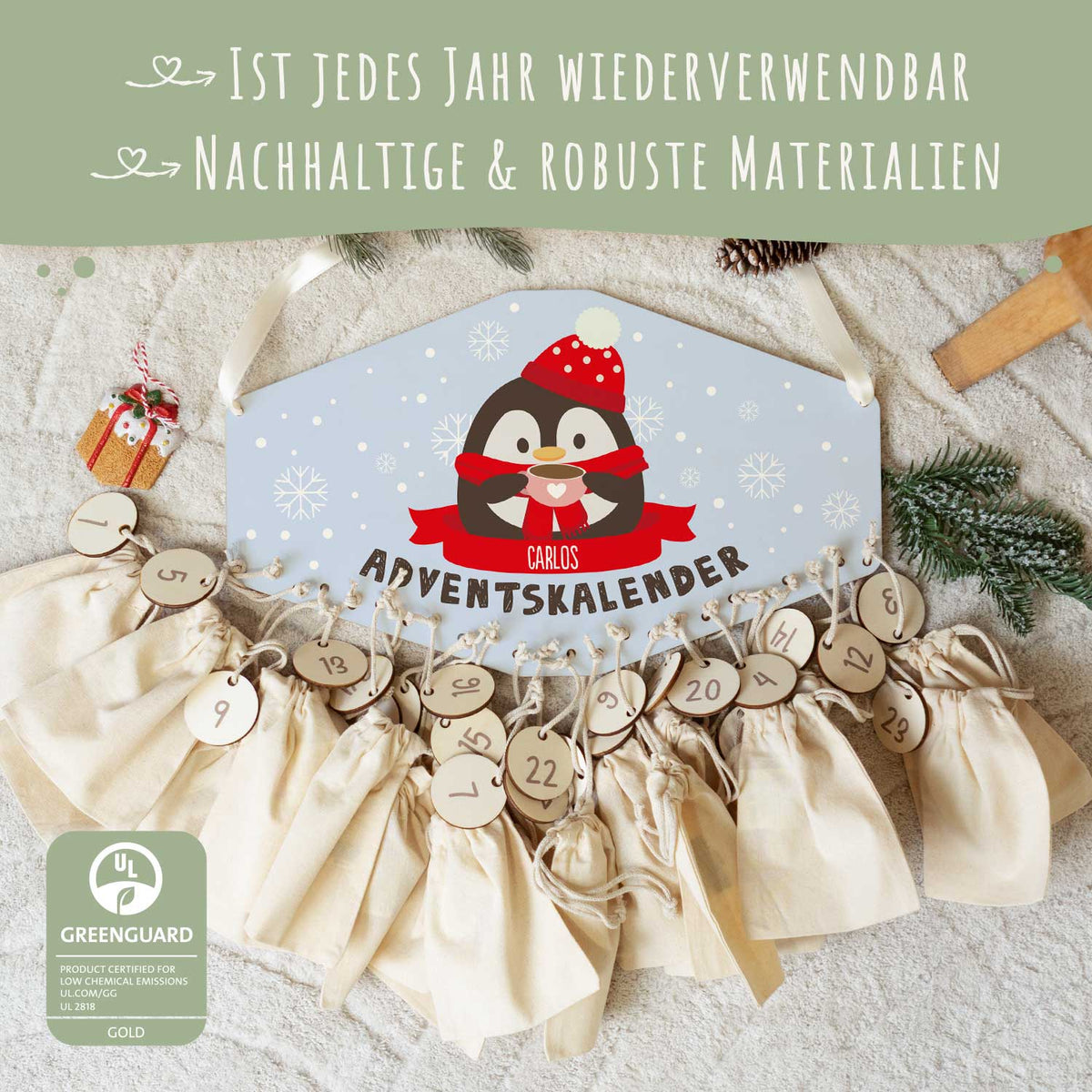 Gepersonaliseerde houten adventskalender „Winterdieren“ – met naam