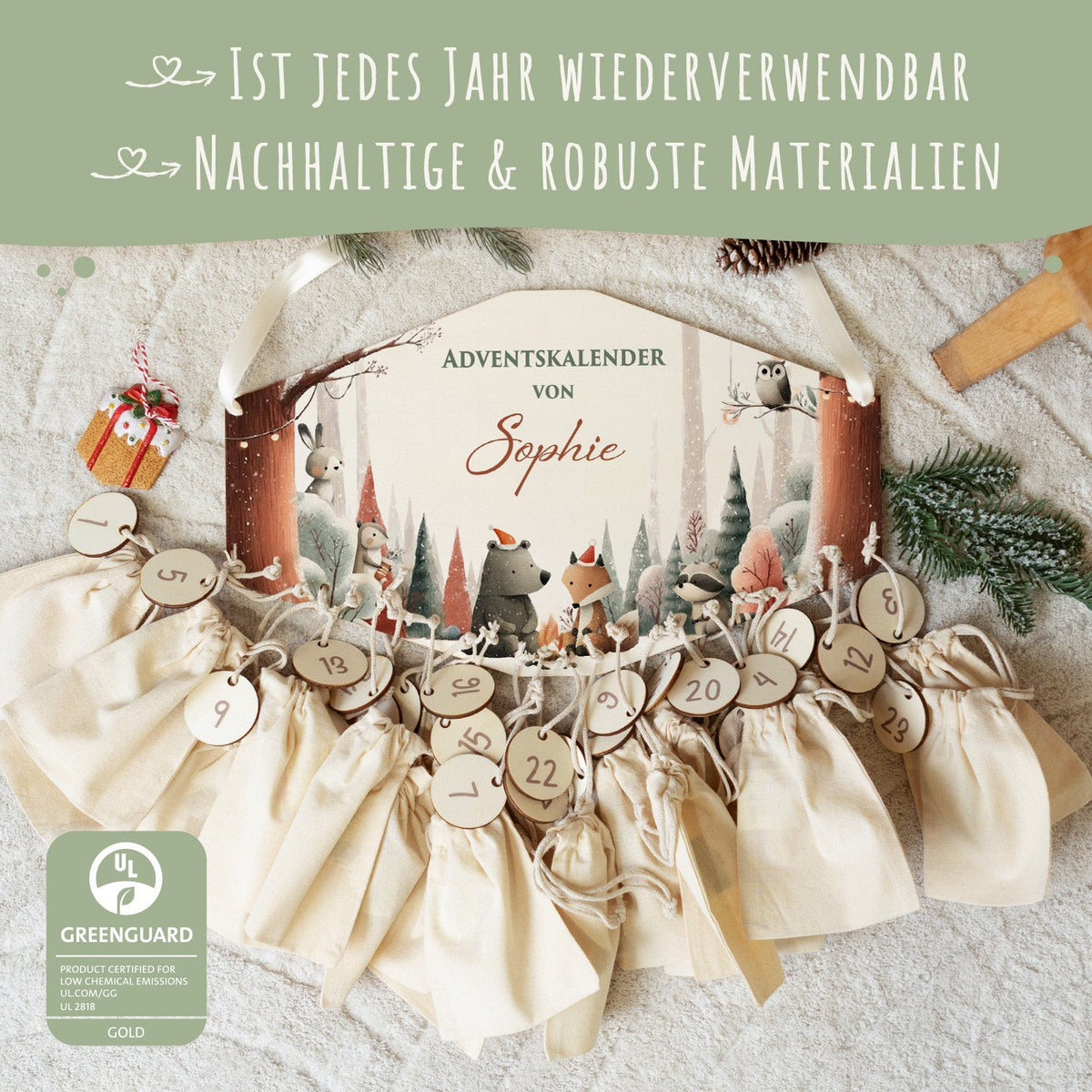 Gepersonaliseerde houten adventskalender „Winterbos“ – met naam