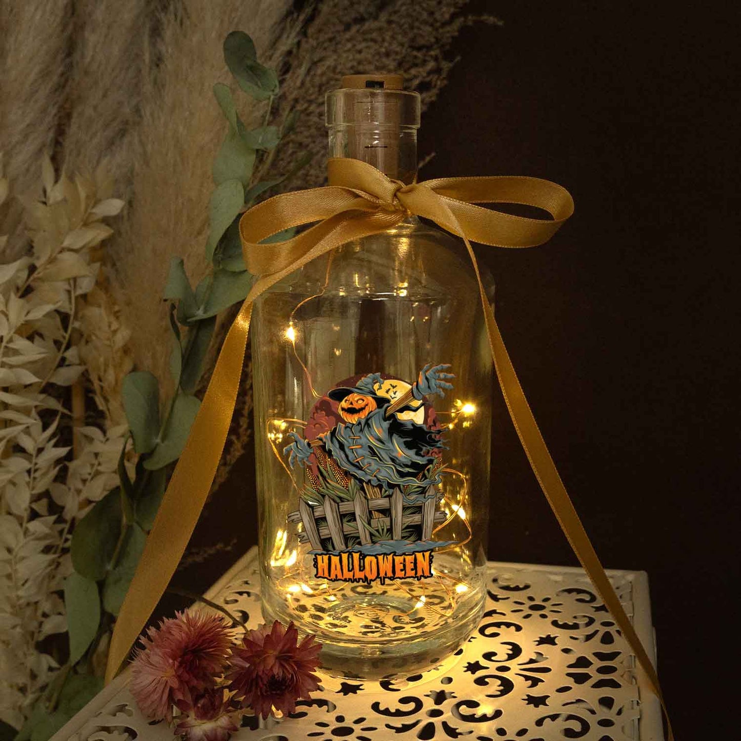 Halloween-Flaschenlicht „Vogelscheuche II“ – Motivdetail