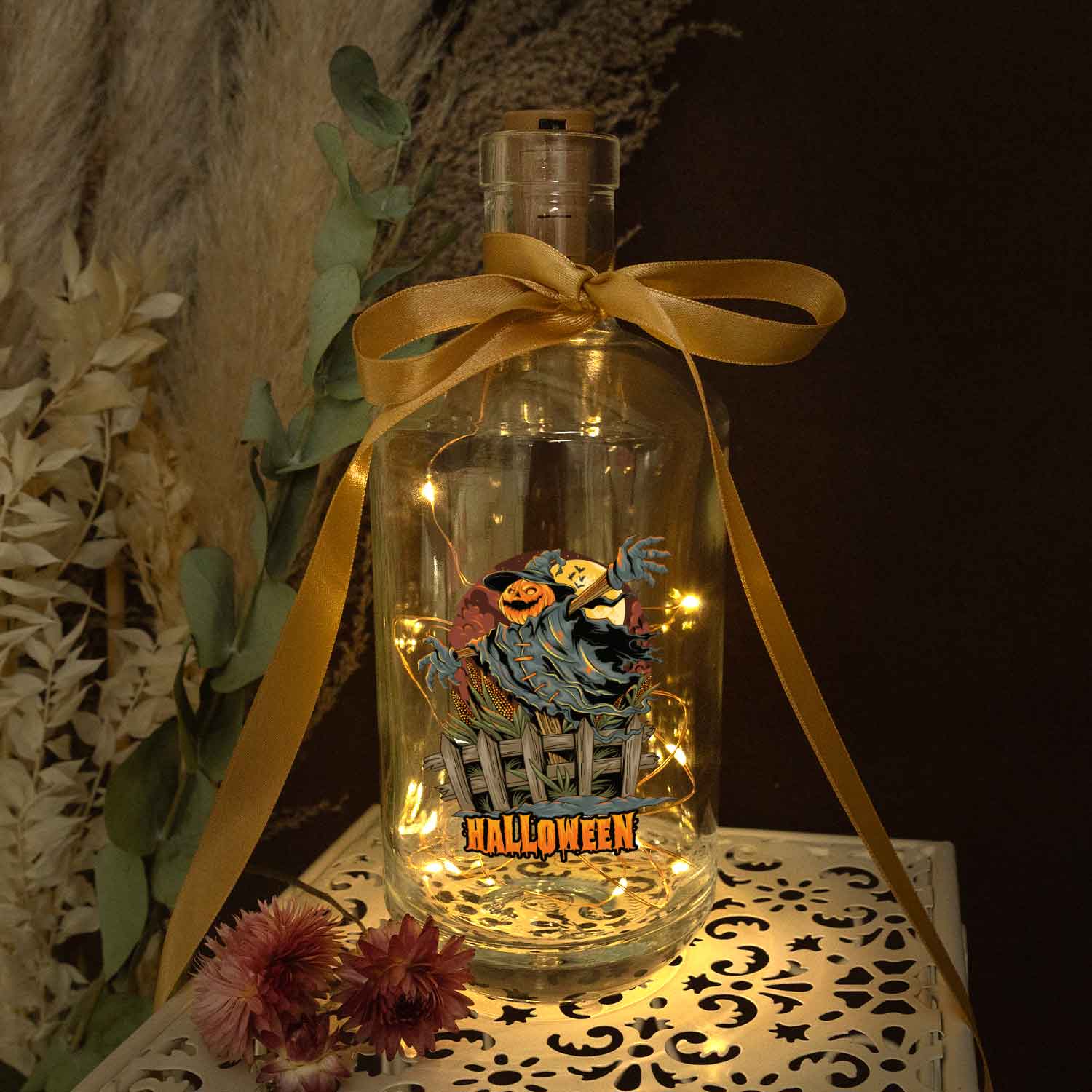 Halloween-Flaschenlicht „Vogelscheuche II“ – Motivdetail