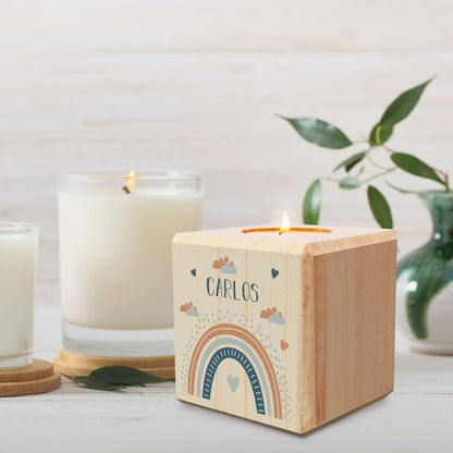 Personalisierter Teelichthalter „Regenbogen“ aus Holz – Hauptansicht