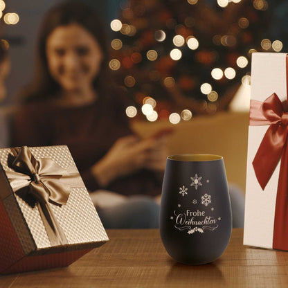 Windlicht Frohe Weihnachten Schneeflocke Schwarz-Gold in Weihnachtsdeko