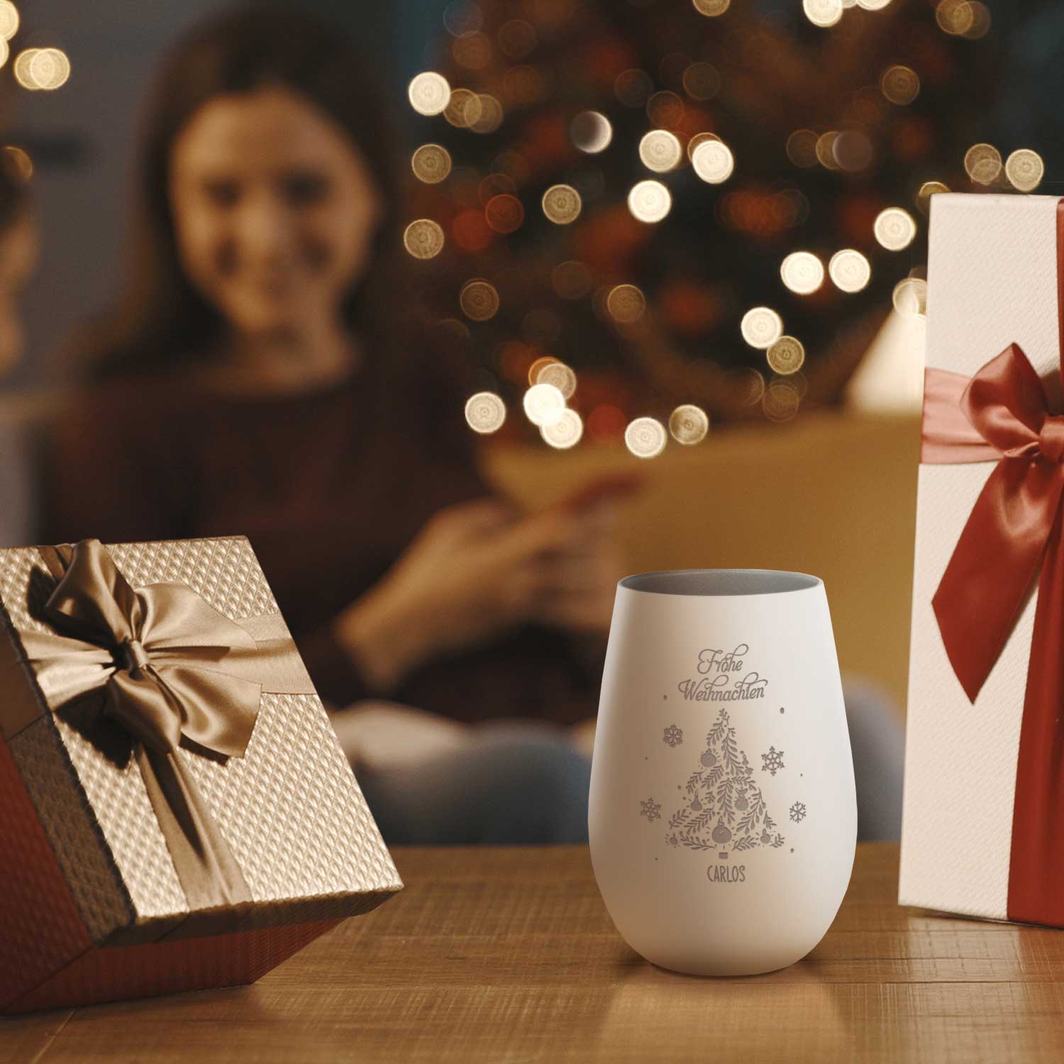 Personalisiertes Windlicht Frohe Weihnachten Weiß-Silber in Weihnachtsdeko
