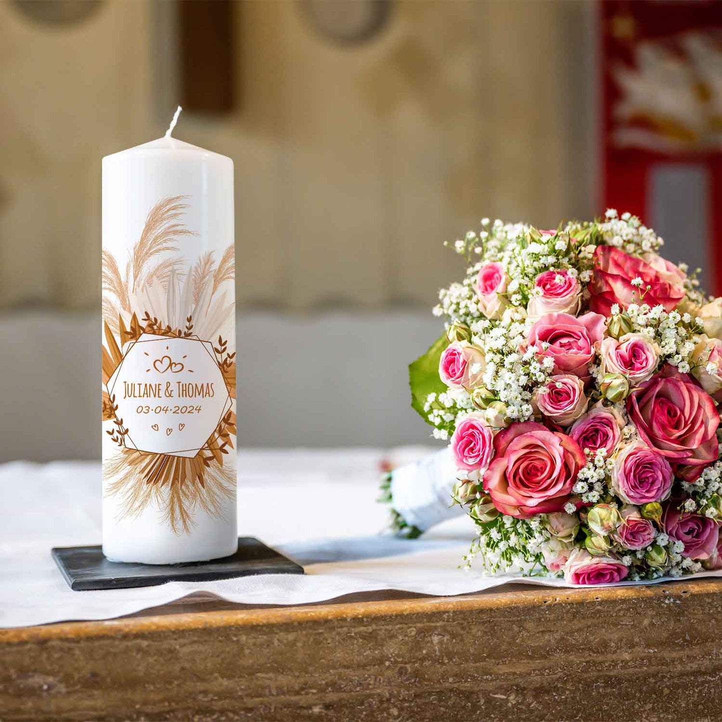 Große Hochzeitskerze „Tropical Pampasgras“ – Motivdetail