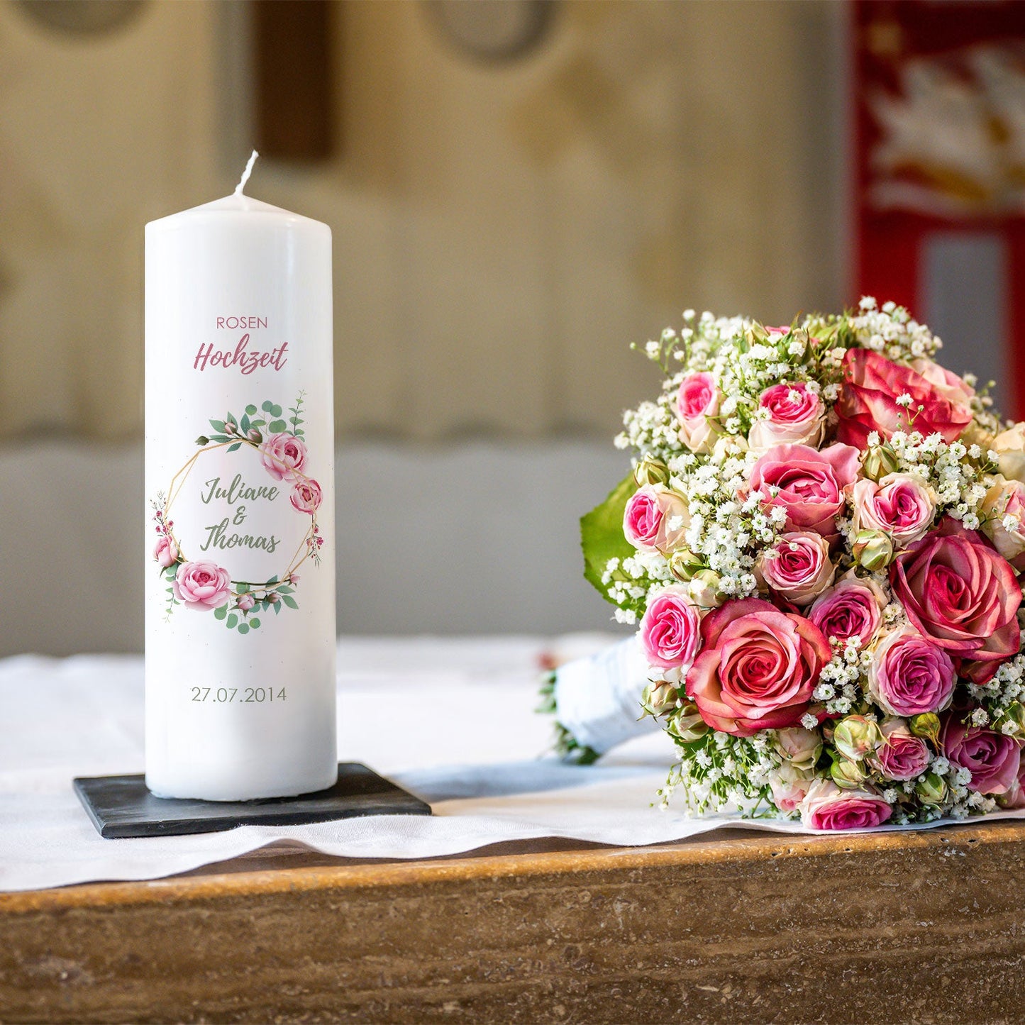 Personalisierte Hochzeitskerze „Rosenhochzeit“ – Hauptansicht