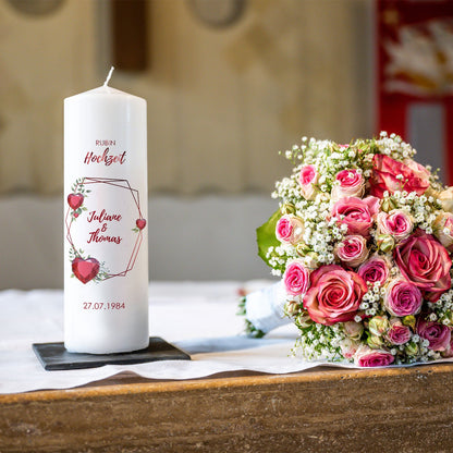 Hochzeitskerze „Rubinhochzeit“ – Personalisierungsbeispiel