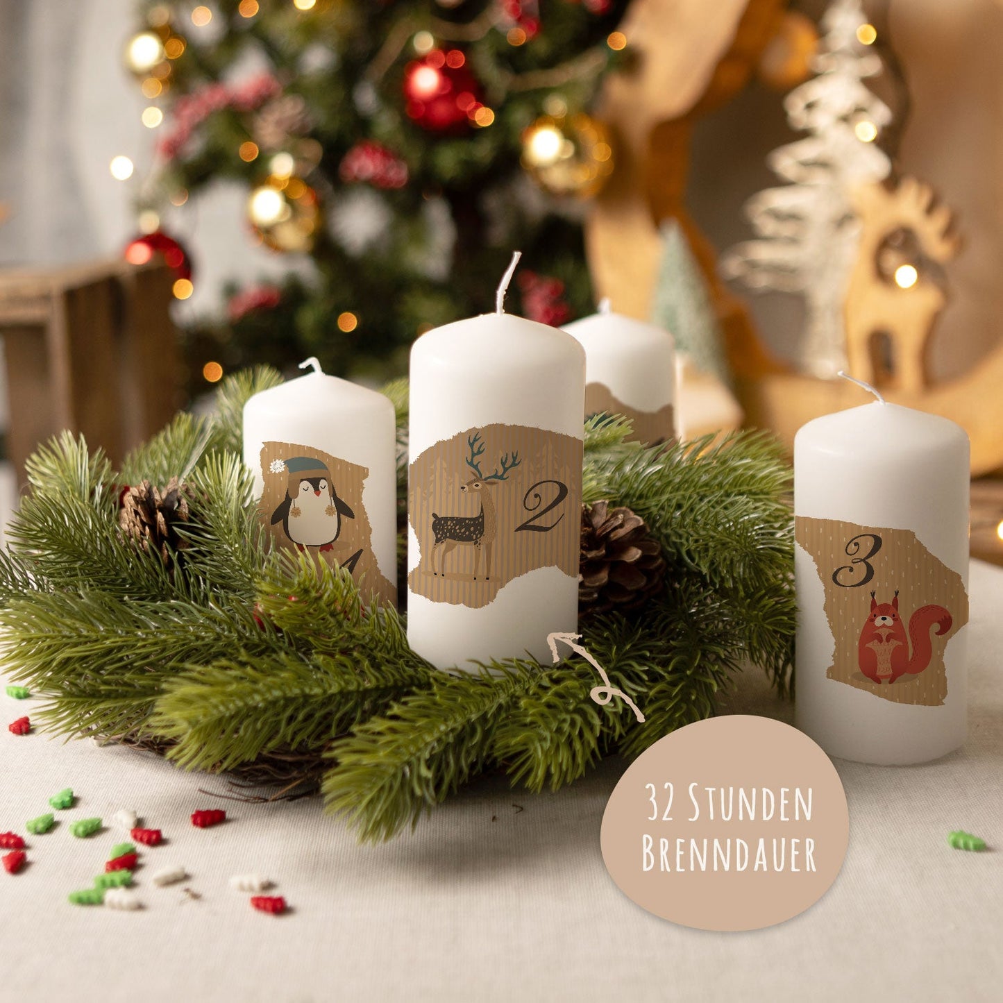 Adventskaarsen ‘Dieren Vintage’ – set van 4
