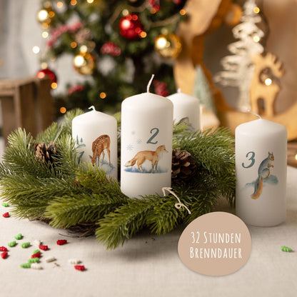 Adventskerzen „Wintertiere Aquarell“ – 4er-Set