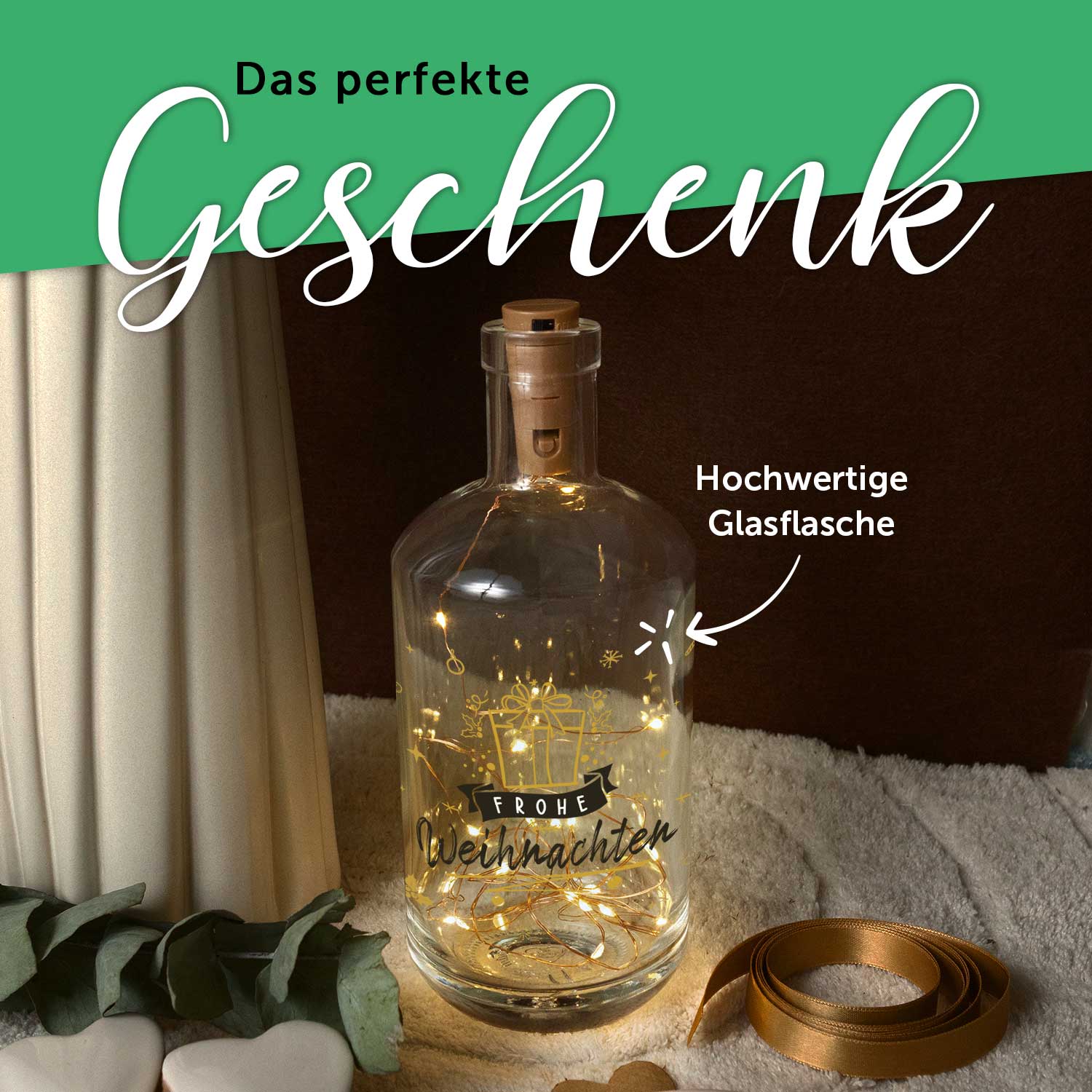 LED-Flaschenlicht „Goldenes Geschenk“ – Rückansicht der Glasflasche