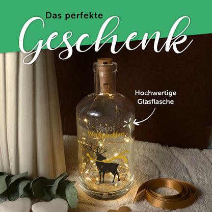 LED-Flaschenlicht „Hirsch Gold“ – Rückansicht der Glasflasche