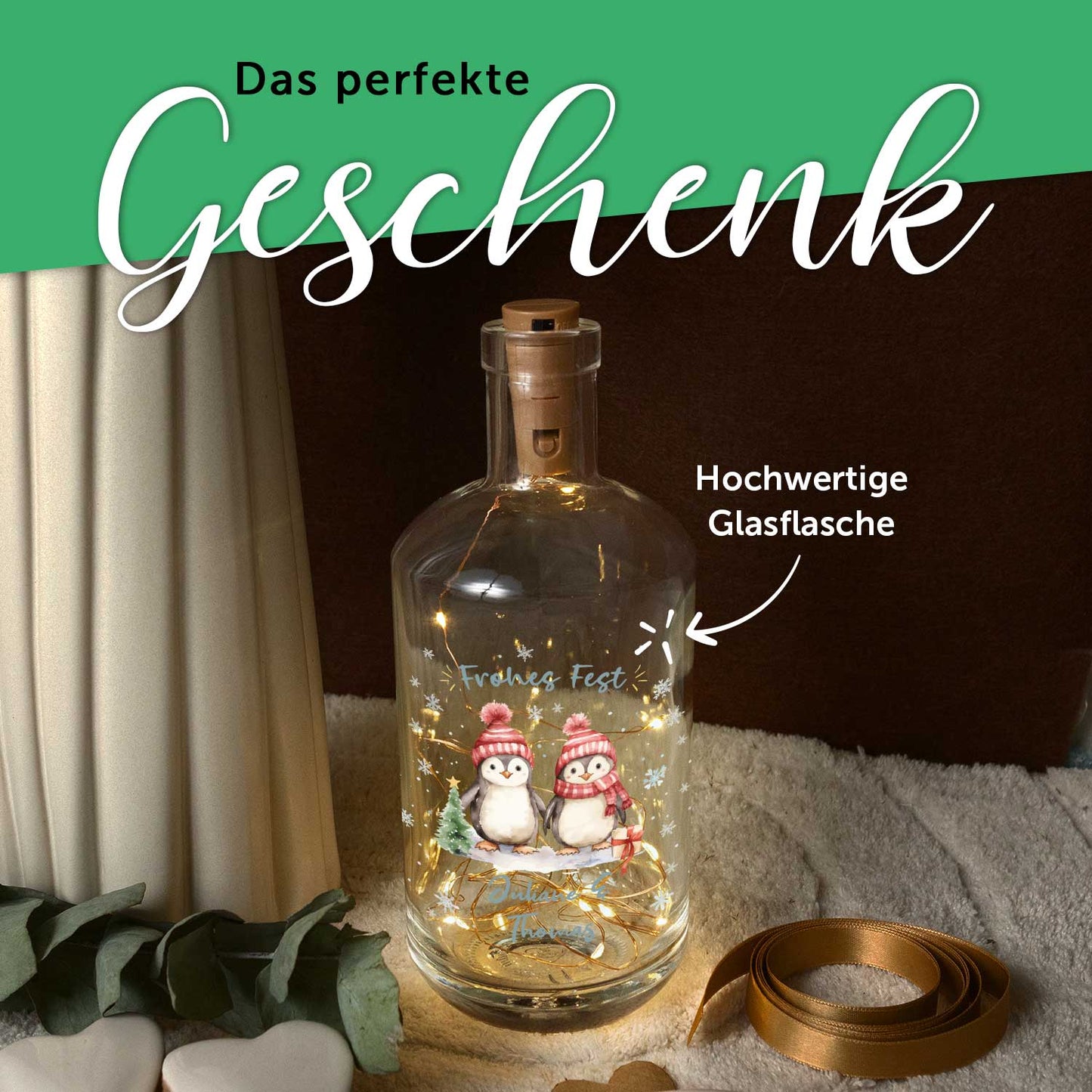 LED-Flaschenlicht „Pinguine“ – Rückansicht mit integrierter Lichterkette