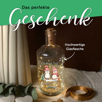LED-Flaschenlicht „Pinguine“ – Rückansicht mit integrierter Lichterkette