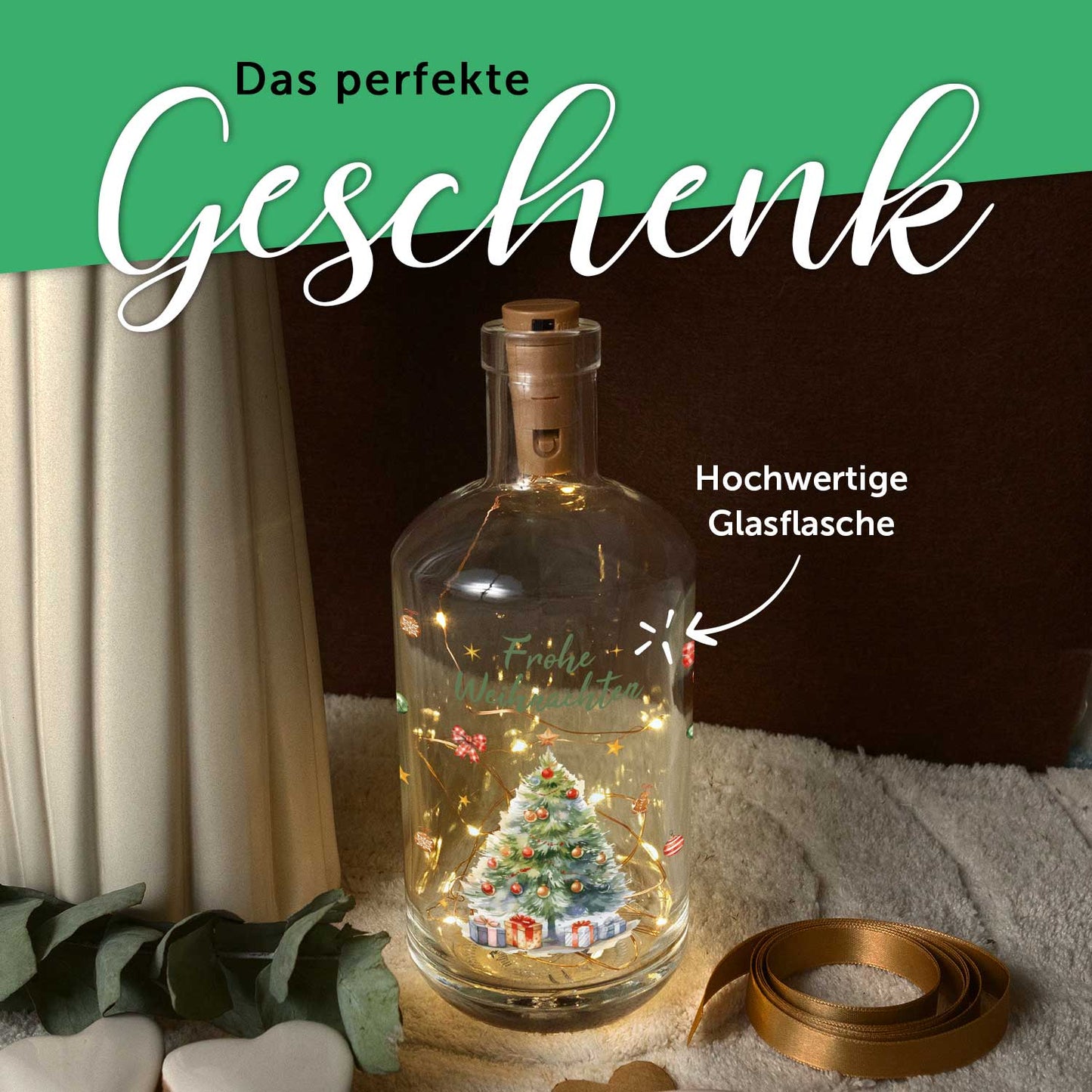 LED-Flaschenlicht „Weihnachtsbaum“ – Rückansicht der Glasflasche