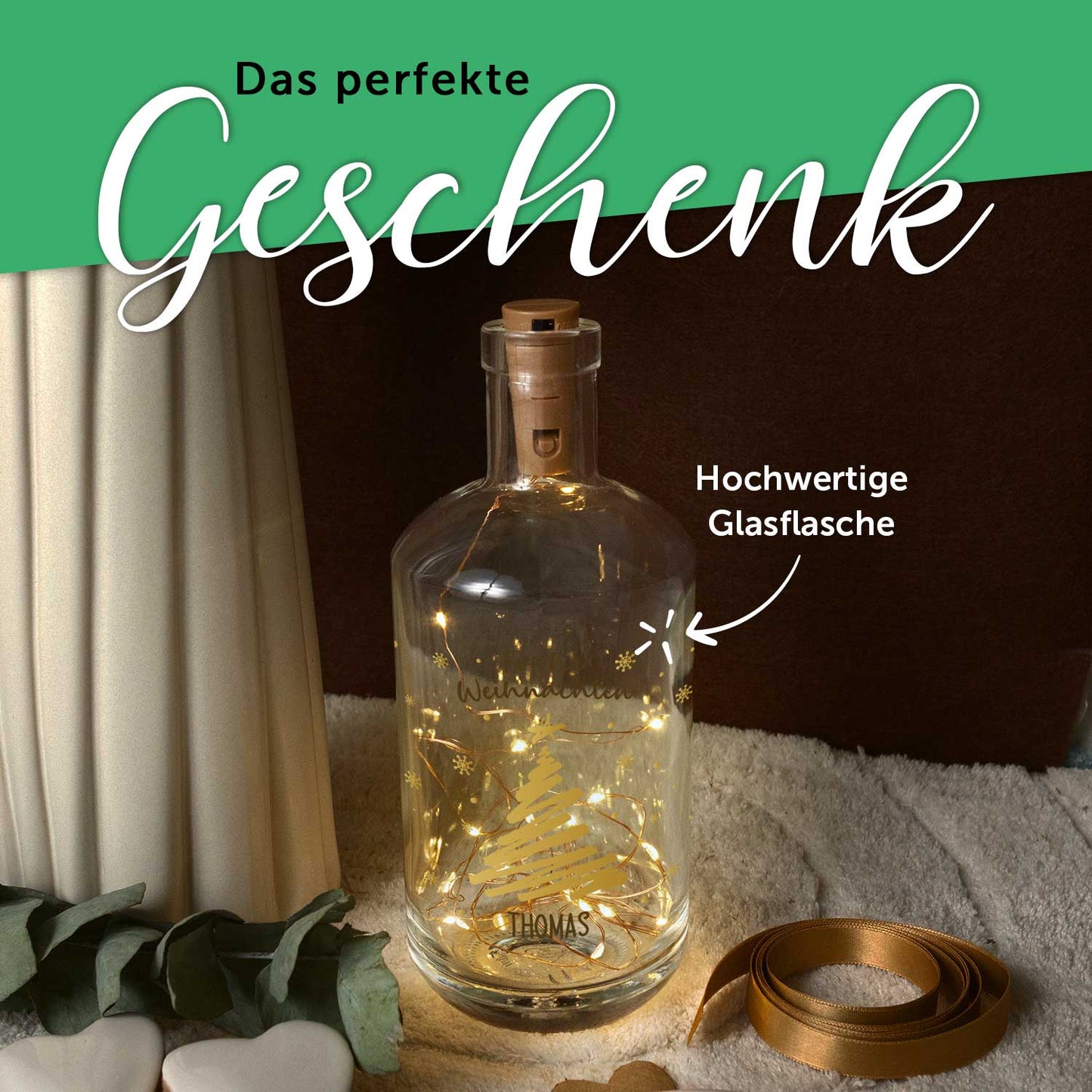 LED-Flaschenlicht „Weihnachtsbaum Gold“ – Rückansicht der Glasflasche
