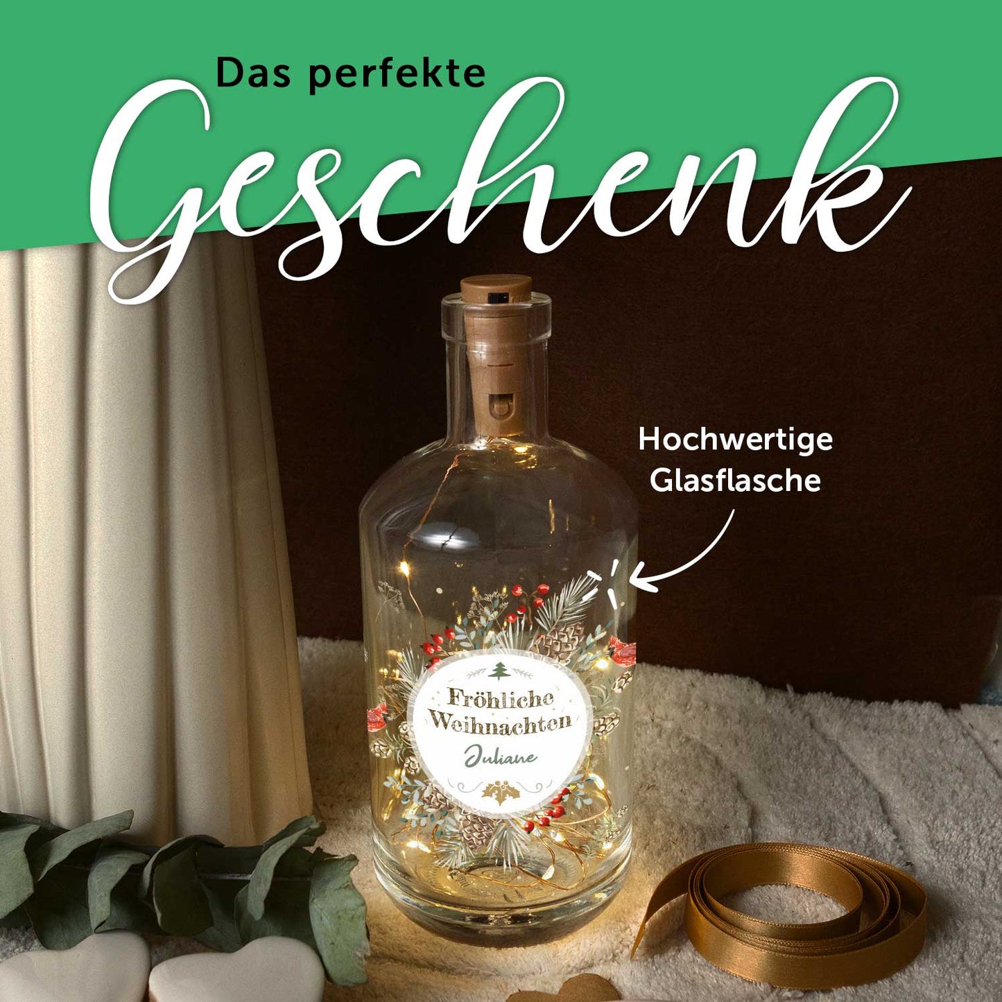LED-Flaschenlicht „Weihnachtskranz Vögel“ – Rückansicht der Glasflasche