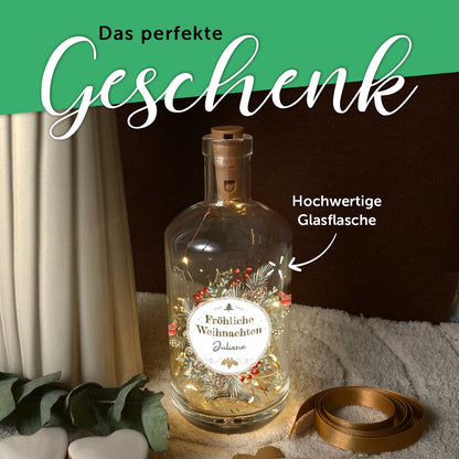 LED-Flaschenlicht „Weihnachtskranz Vögel“ – Rückansicht der Glasflasche