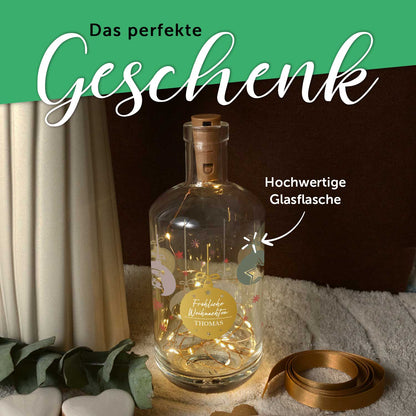 LED-Flaschenlicht „Weihnachtskugeln“ – Rückansicht der Glasflasche