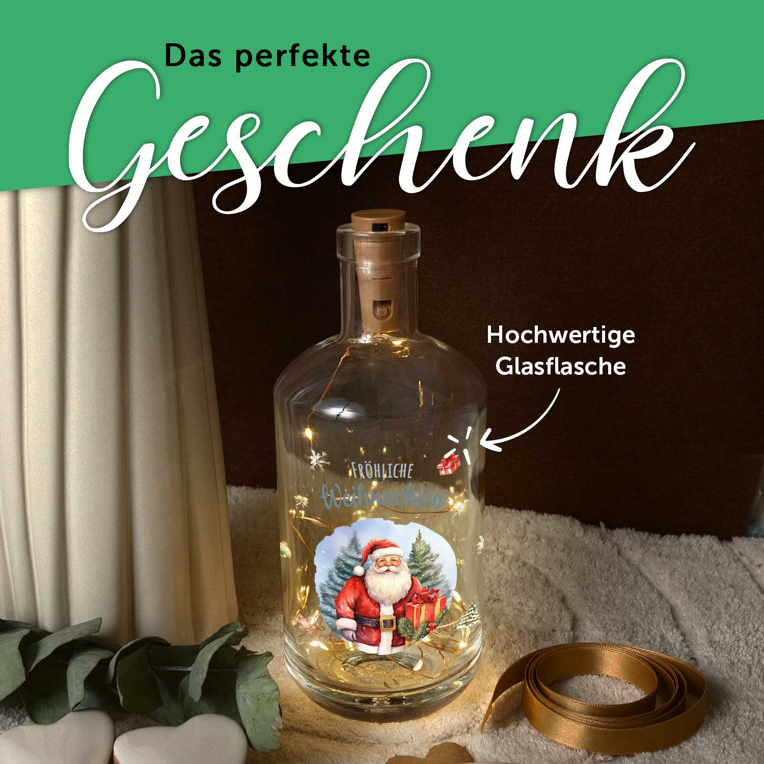 LED-Flaschenlicht „Weihnachtsmann“ – Rückansicht der Glasflasche