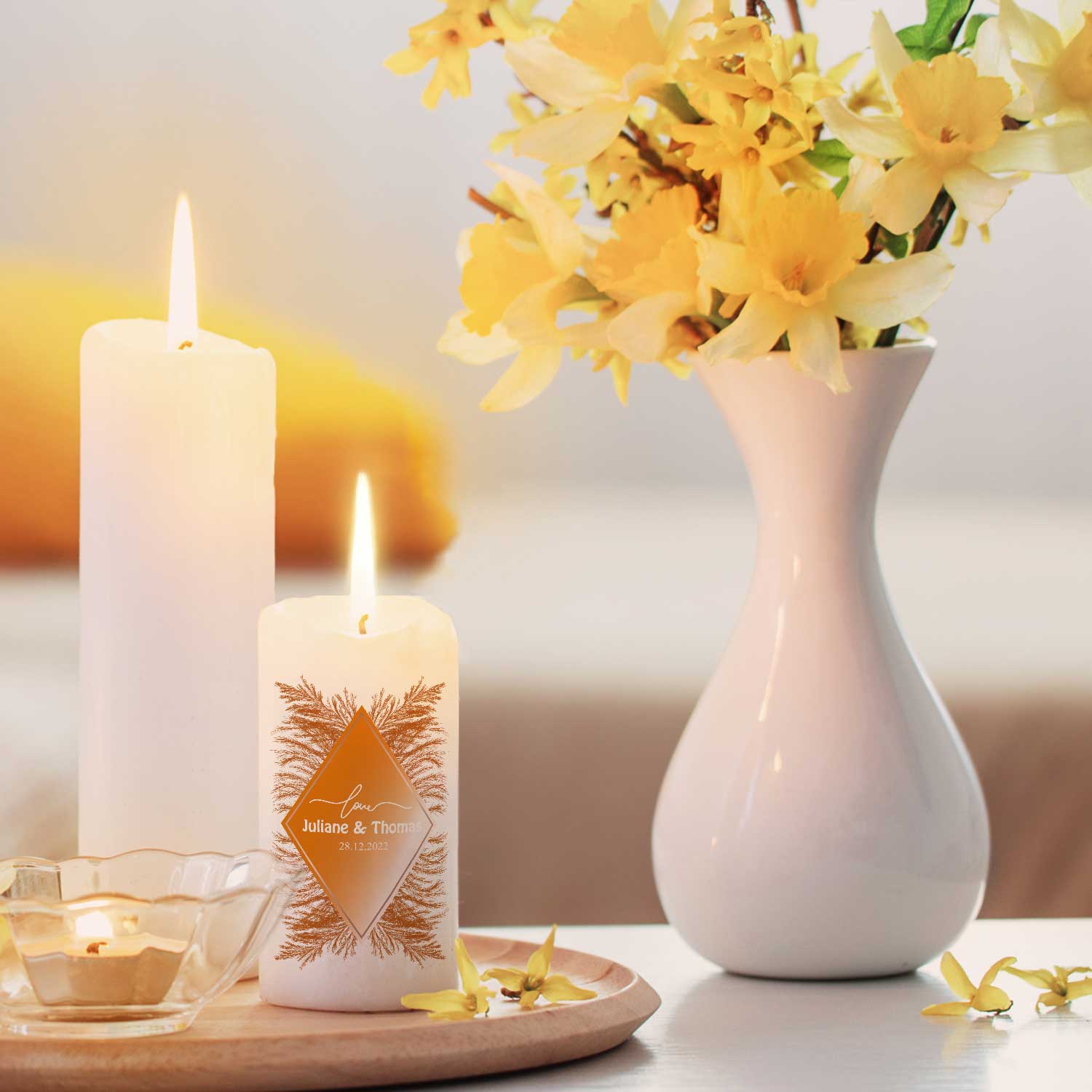Kleine Hochzeitskerze „Pampasgras Love“ – Druckdetail