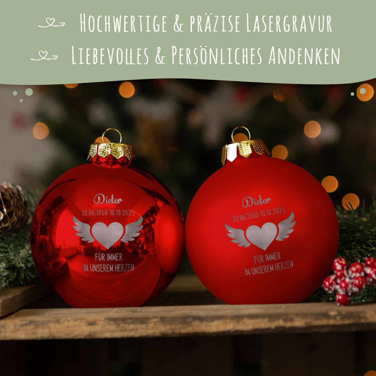 Flügelherz Weihnachtskugel – Größen- und Designansicht