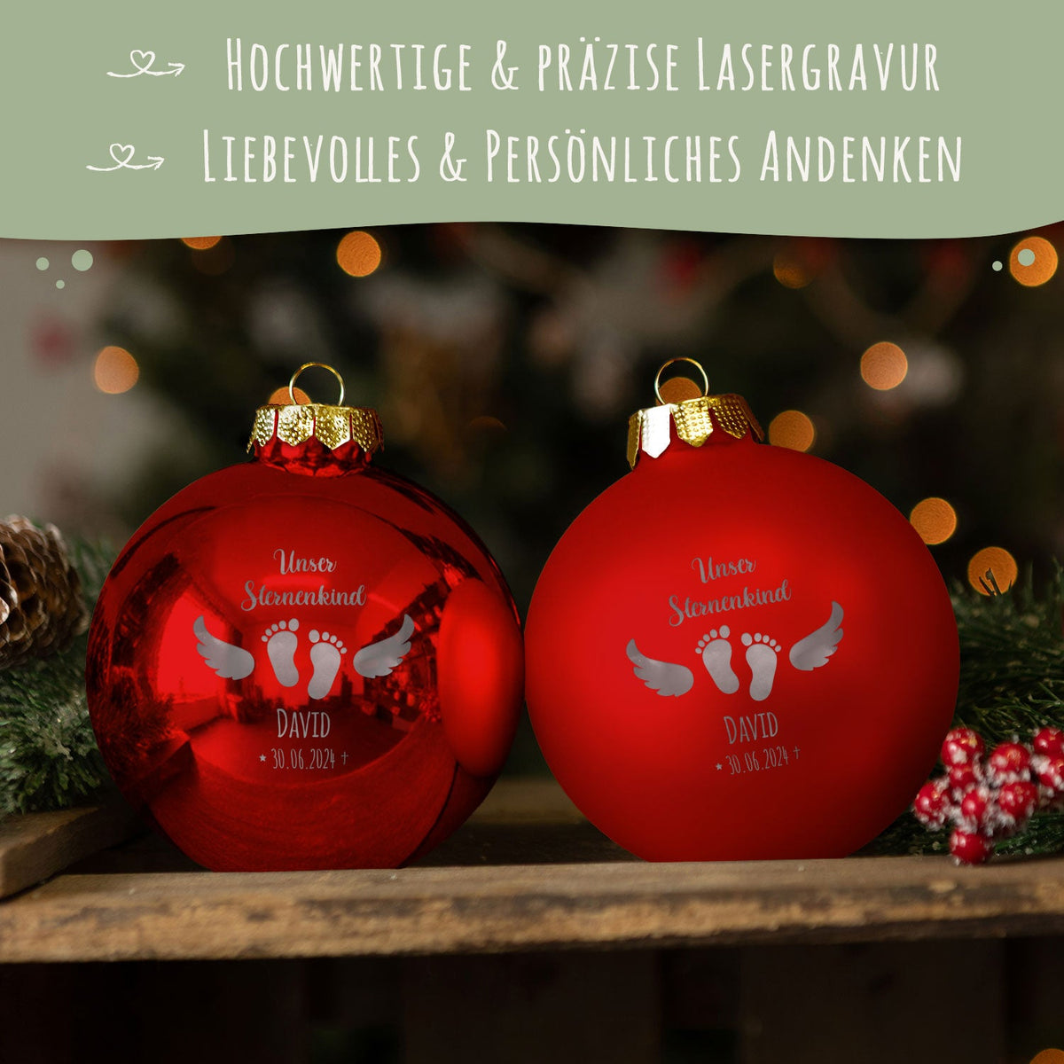 Sternenkind Weihnachtskugel – Größen- und Designansicht