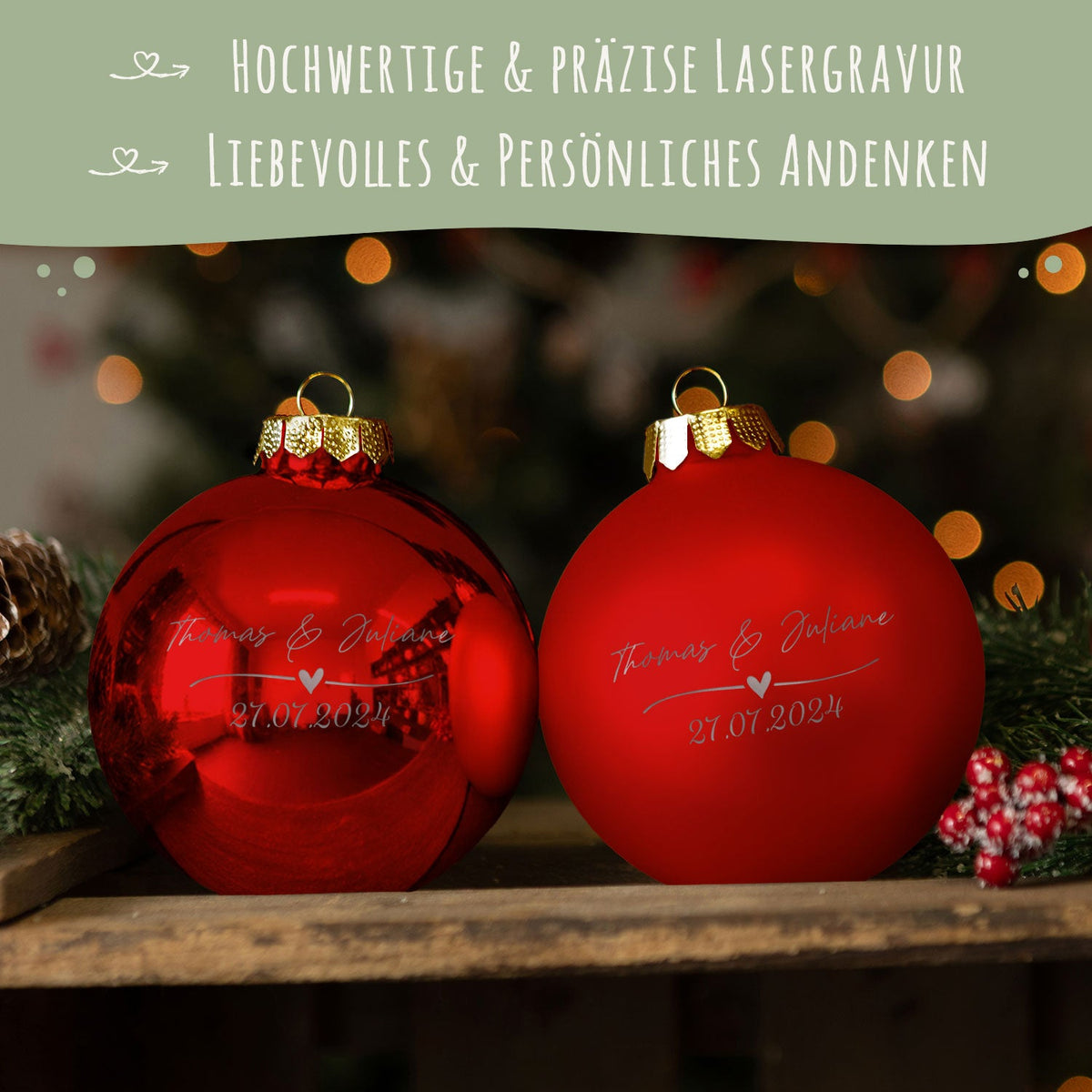 Wedding Love Weihnachtskugel – Größen- und Designansicht