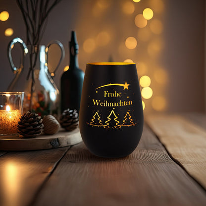 Windlicht Tannenbaum Frohe Weihnachten Schwarz-Gold als Lichtdeko