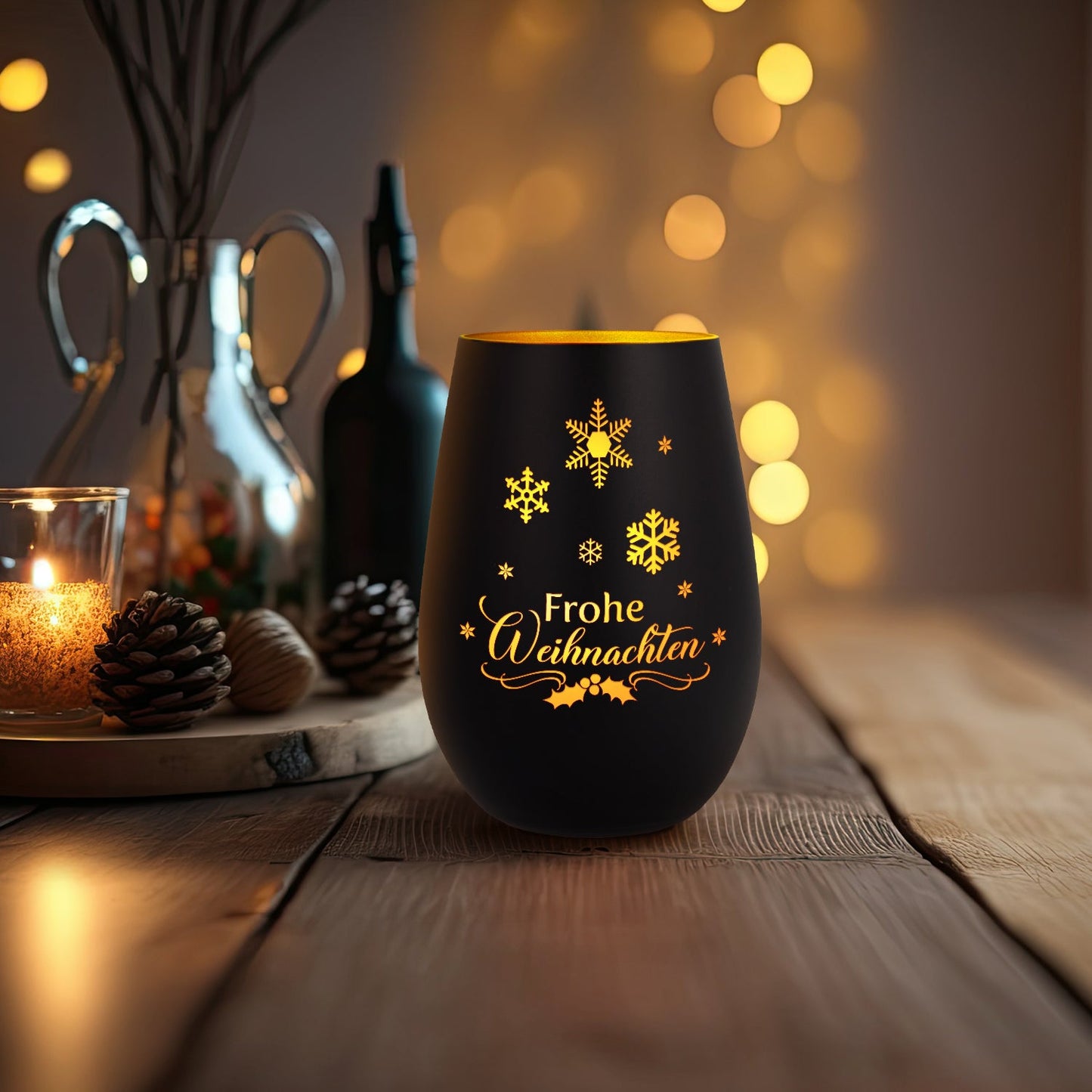 Windlicht Frohe Weihnachten Schneeflocke Schwarz-Gold als Lichtdeko