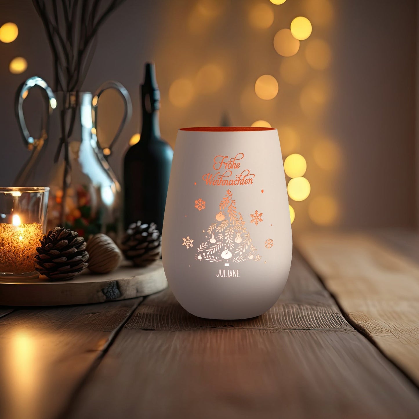 Personalisiertes Windlicht Frohe Weihnachten Weiß-Bronze als Lichtdeko