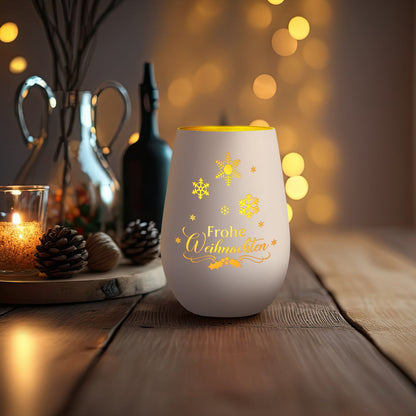 Windlicht Frohe Weihnachten Schneeflocke Weiß-Gold als Lichtdeko