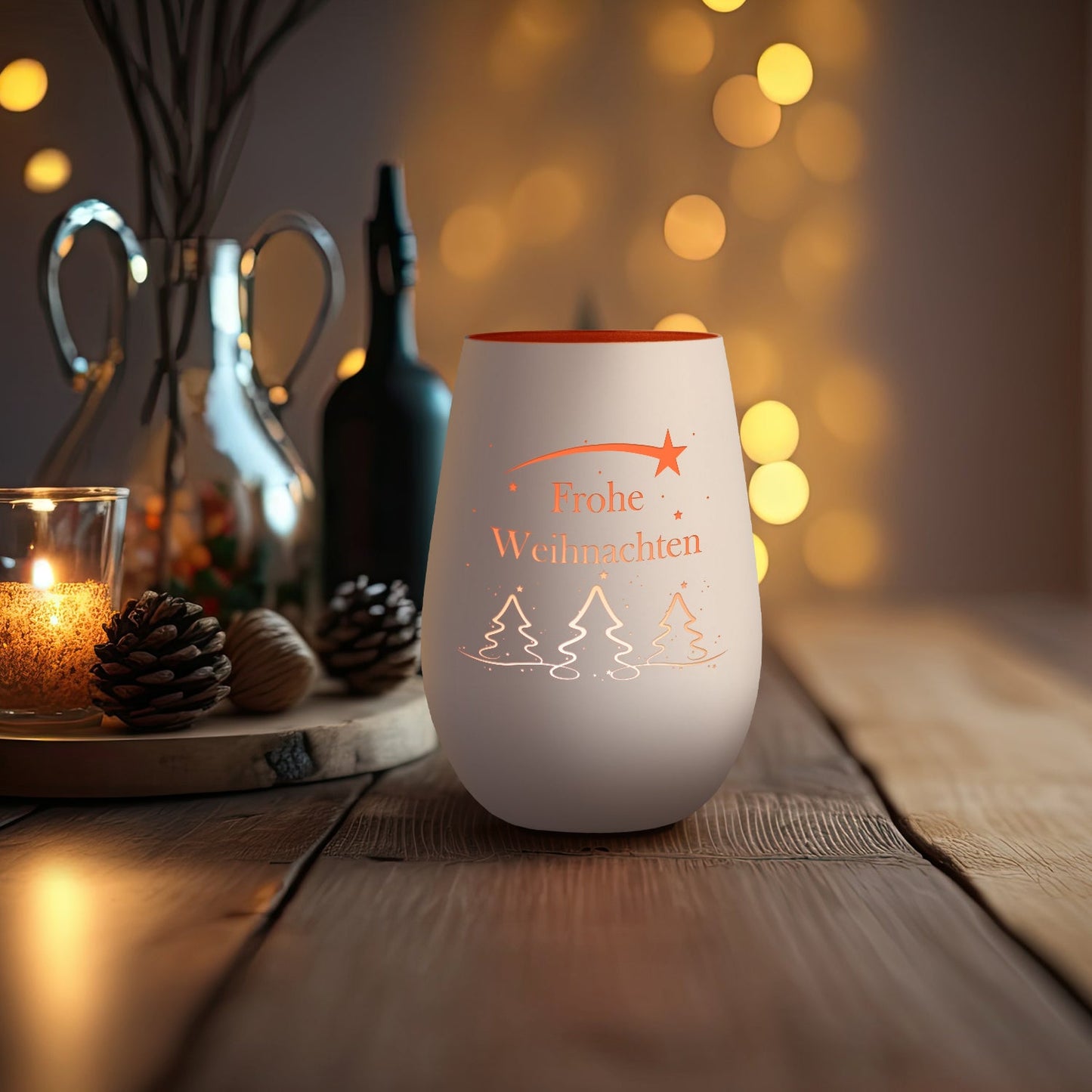 Windlicht Tannenbaum Frohe Weihnachten Weiß-Bronze als Lichtdeko