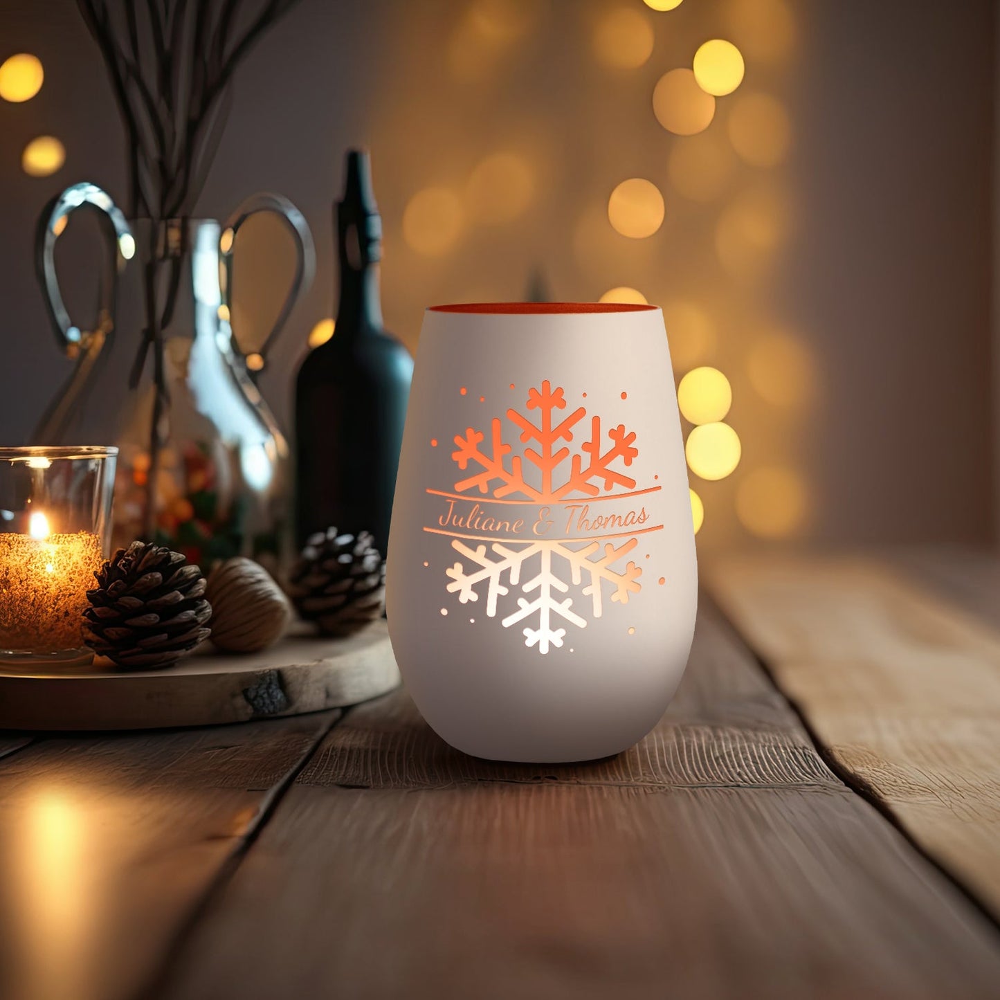 Personalisiertes Windlicht „Schneeflocke“ – Name & Datum
