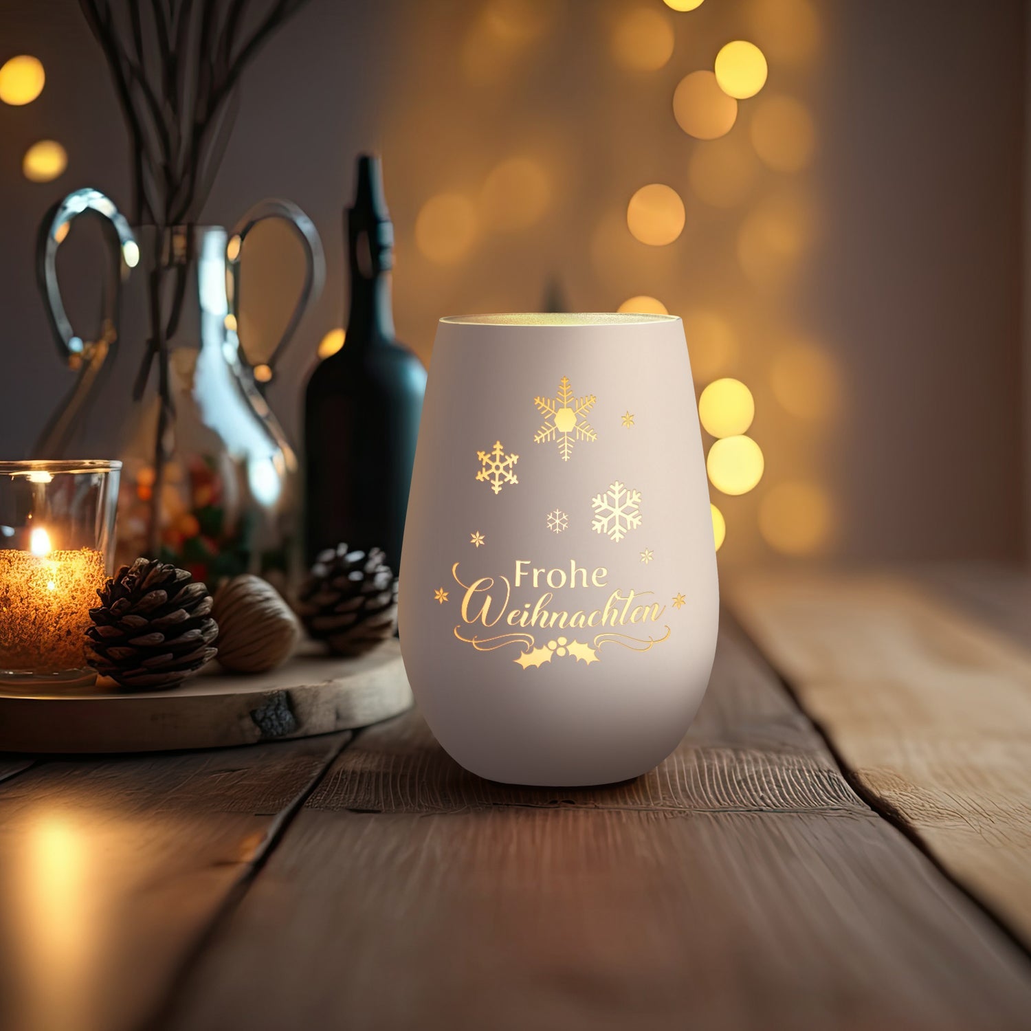 Windlicht Frohe Weihnachten Schneeflocke Weiß-Silber als Lichtdeko