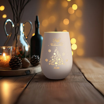 Personalisiertes Windlicht Frohe Weihnachten Weiß-Silber als Lichtdeko