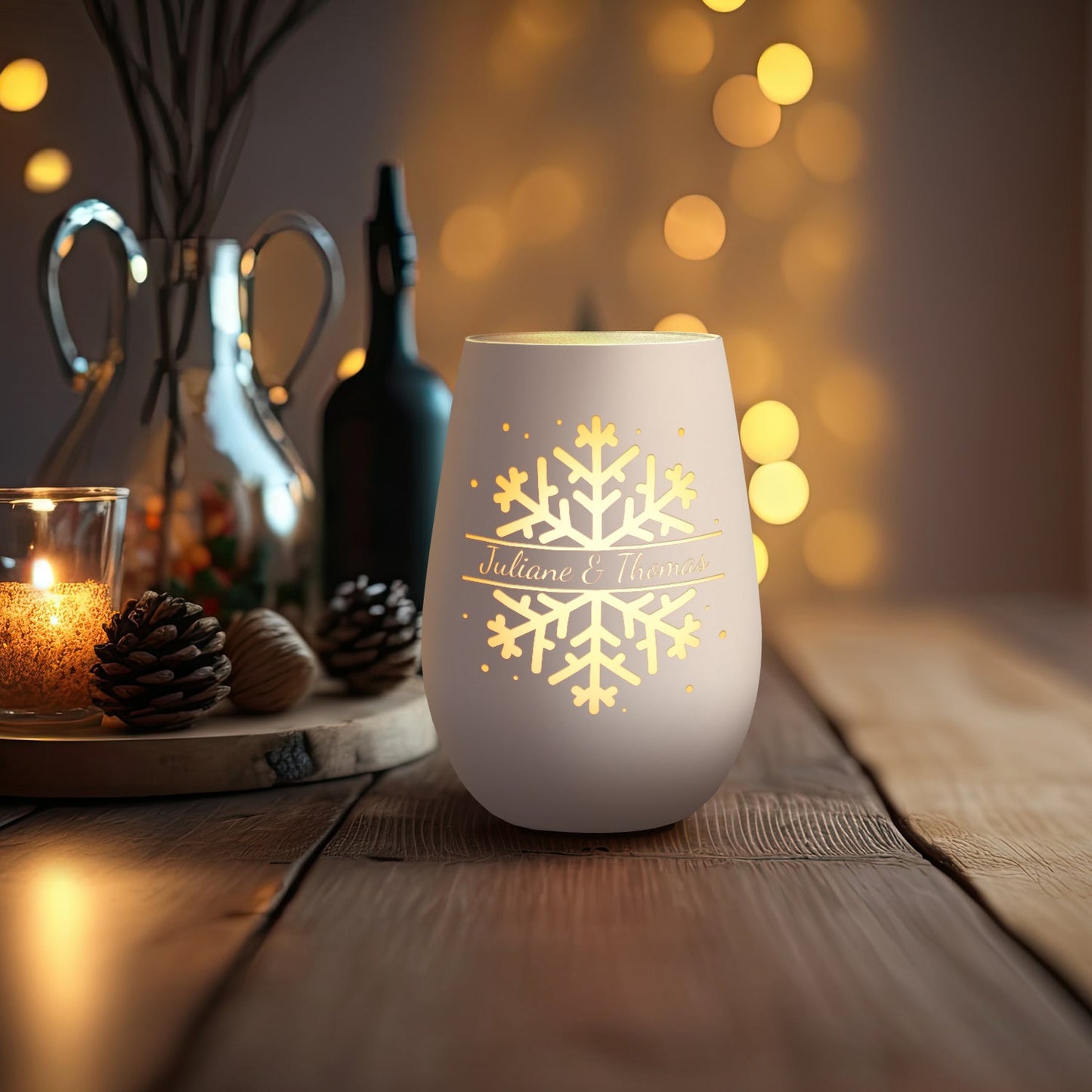 Personalisiertes Windlicht „Schneeflocke“ – Name & Datum