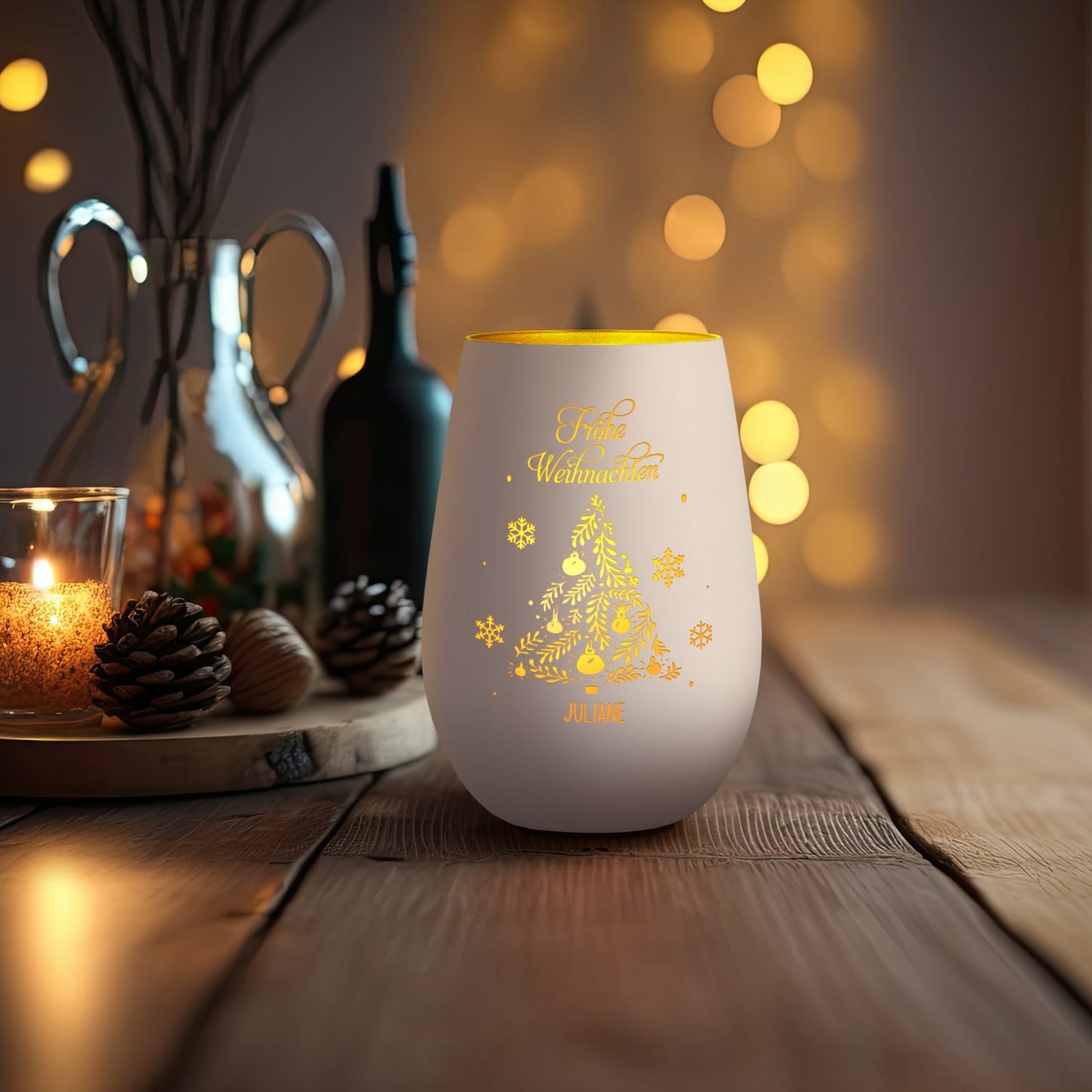 Personalisiertes Windlicht Frohe Weihnachten Weiß-Gold als Lichtdeko