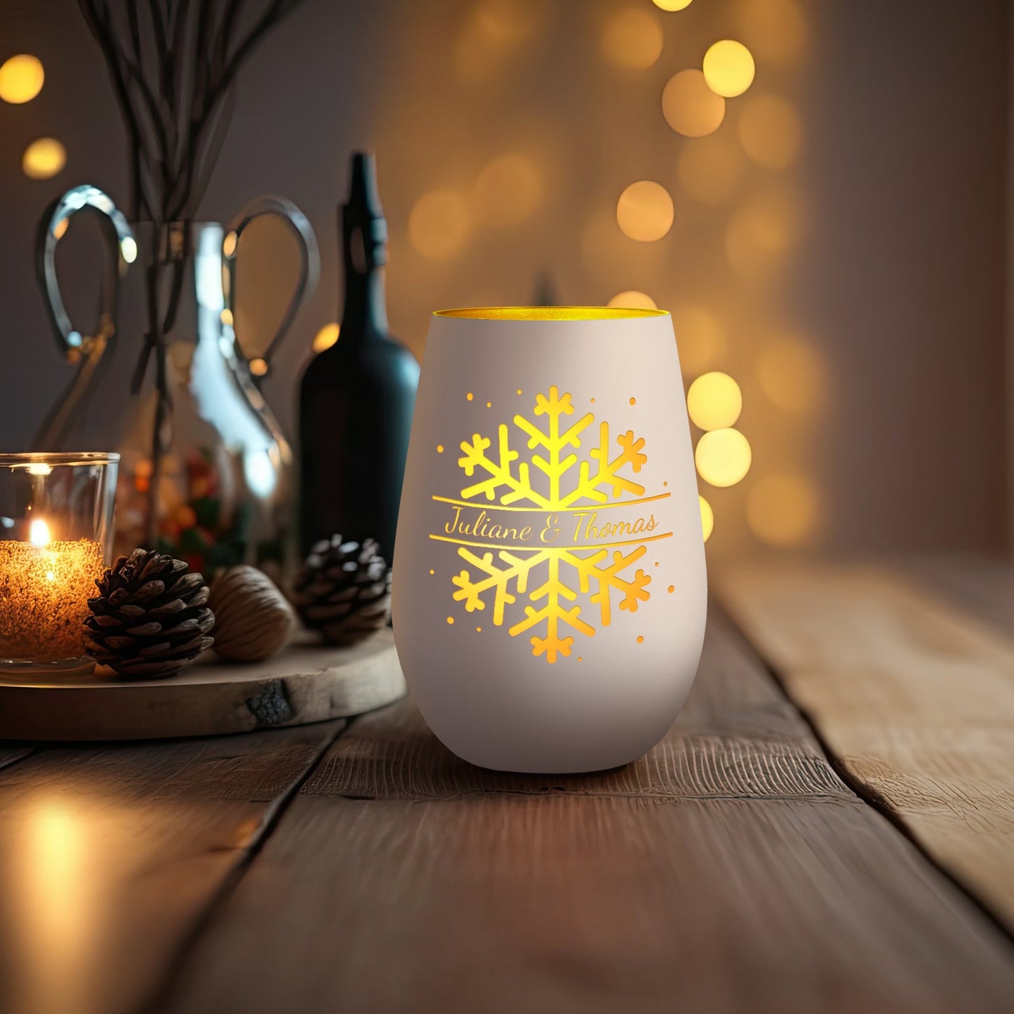 Personalisiertes Windlicht „Schneeflocke“ – Name & Datum