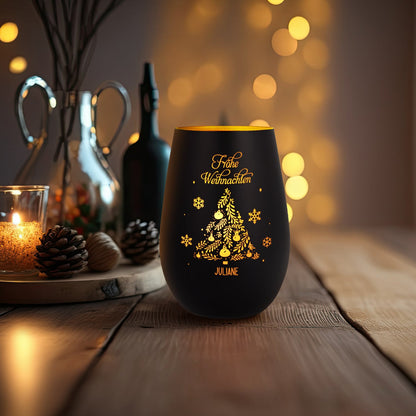 Personalisiertes Windlicht Frohe Weihnachten Schwarz-Gold als Lichtdeko