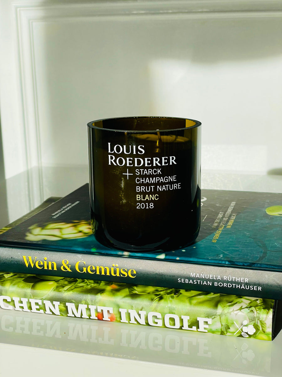 Flaschenkerze Louis Roederer Starck 2018 als Upcycling Kerze aus originaler Champagnerflasche