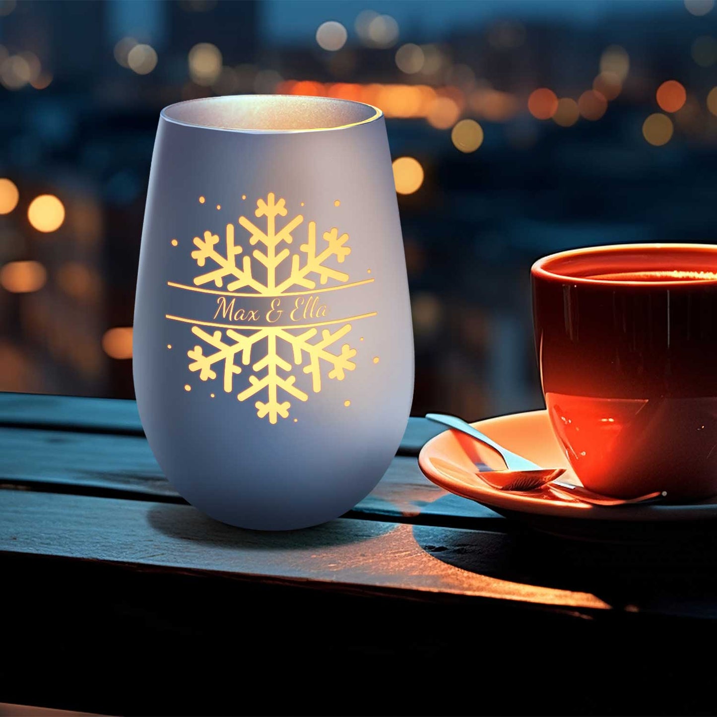 Personalisiertes Windlicht „Schneeflocke“ – Name & Datum