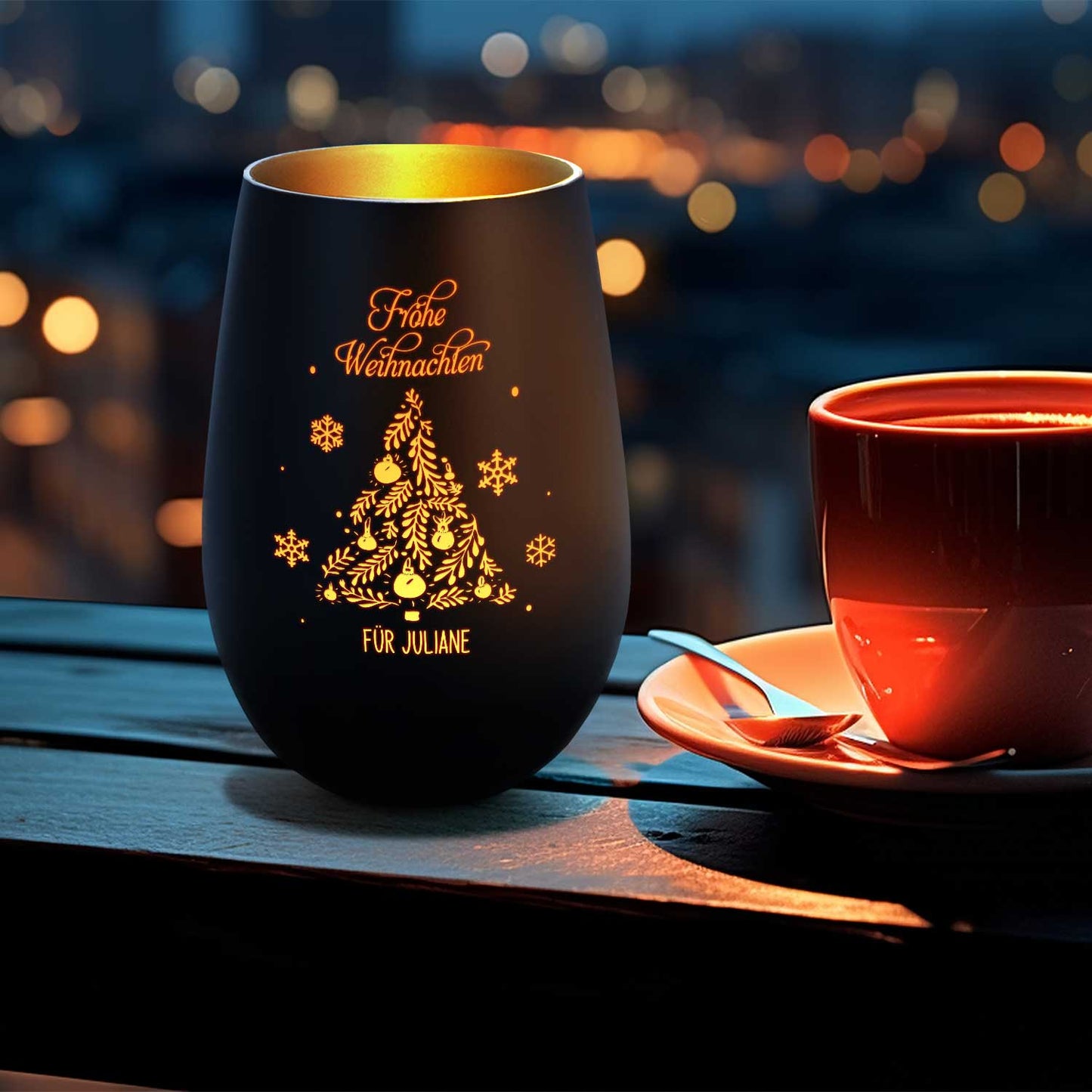 Personalisiertes Windlicht Frohe Weihnachten Schwarz-Gold – Detailansicht