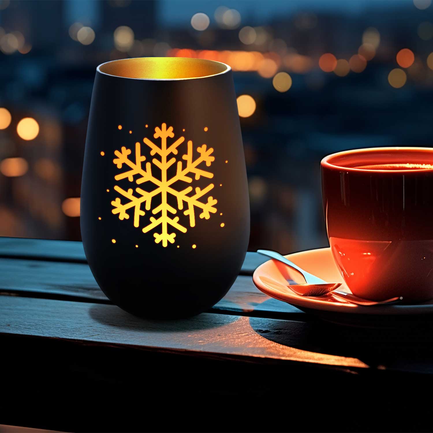 Graviertes Windlicht Schneeflocke Schwarz-Gold – Detailansicht