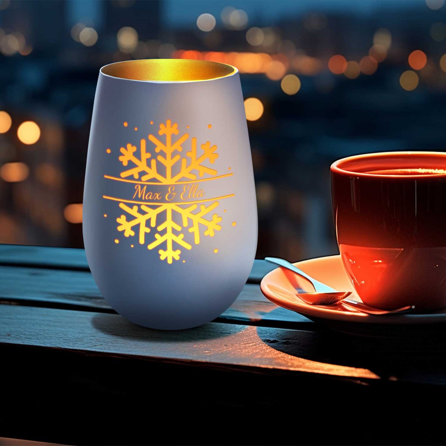 Personalisiertes Windlicht „Schneeflocke“ – Name & Datum