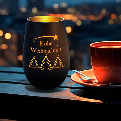 Graviertes Windlicht Tannenbaum Frohe Weihnachten Schwarz-Gold – Detail