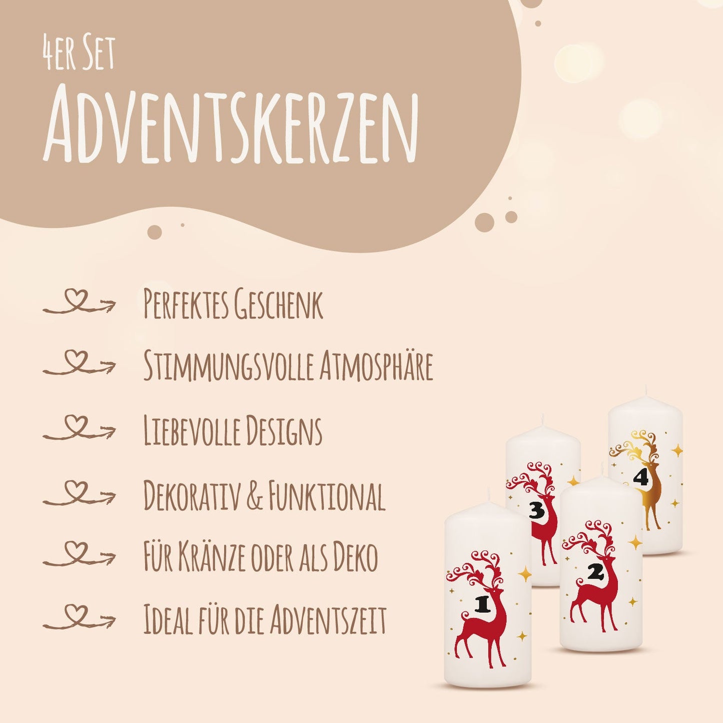 Adventskerzen-Set „Hirsch“ – 4 Stumpenkerzen